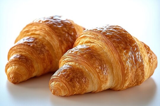 Two golden brown freshly baked croissants with flaky layers on a white surface, evoking warmth and deliciousness - Powered by Adobe
