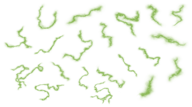 Collection of abstract green organic shapes with subtle neon green outlines scattered across a dark background, evoking a sense of growth.