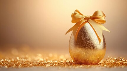 Golden egg with shimmering texture and large satin bow surrounded by sparkling golden glitter against soft glowing background, evoking celebration and luxury