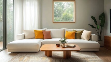 Bright modern living room with white sectional sofa, colorful cushions, wooden coffee table, indoor plants, large window overlooking greenery, and framed botanical artwork