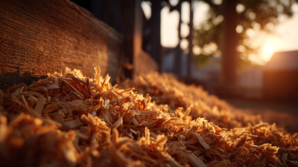 A pile of fine wood shavings bathed in warm light, evoking craftsmanship, natural texture, woodworking, and the organic beauty of raw materials.
