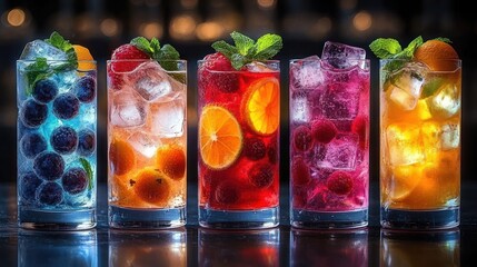 Colorful refreshing fruit and berry iced drinks garnished with fresh mint leaves in tall glasses on reflective surface under soft lighting