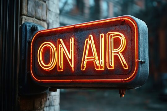 rusty vintage neon sign glowing bright orange displaying the words on air attached to a brick wall in dim urban setting