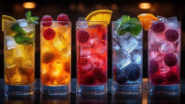 five vibrant, refreshing ice-filled fruit drinks garnished with fresh berries, citrus slices, and mint leaves glowing under warm ambient lighting