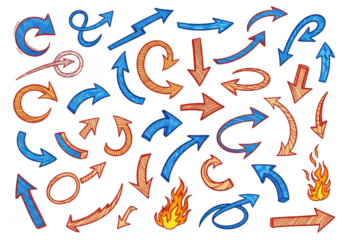 Collection of glowing neon arrows and flames isolated on transparent background