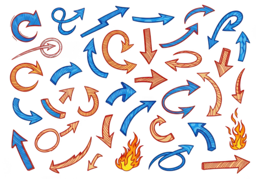 Collection of glowing neon arrows and flames isolated on transparent background