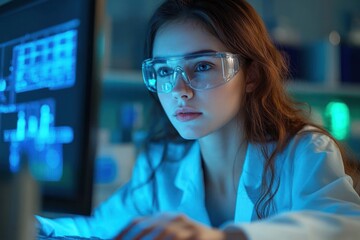 Young female scientist in protective glasses intently analyzing data on computer screen in modern laboratory