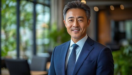 Smiling businessman standing confidently in modern office with large windows and greenery in the background