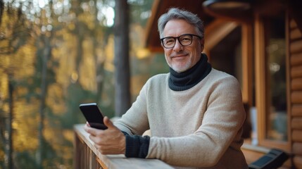 middle-aged man wearing glasses and sweater smiling while holding smartphone on wooden balcony surrounded by autumn forest