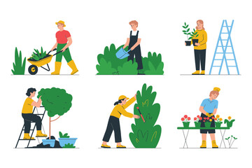 People Gardening Outdoor Activities Set Growing Flowers Planting Trees and Pruning