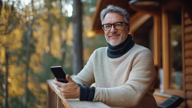 middle-aged man wearing glasses and sweater smiling while holding smartphone on wooden balcony surrounded by autumn forest