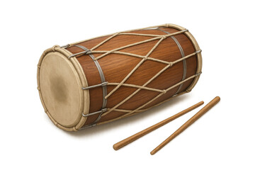 Dhol drum and drumsticks set on transparent background, traditional indian percussion instrument