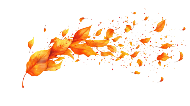 Orange autumn leaves blowing across a black backdrop, stylized and dynamic