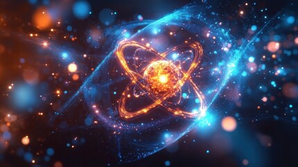 Glowing atomic nucleus with orbiting electrons represented by bright orange and blue energy trails surrounded by particles in a vivid space-like environment