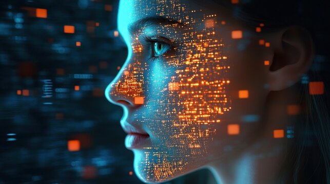 Close-up profile of a human face illuminated with glowing orange and blue digital data patterns representing artificial intelligence and futuristic technology
