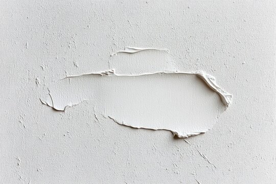 Close-up of white textured wall with an irregular patch of thick plaster spread unevenly, creating rough and smooth areas with subtle shadows