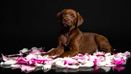 Brown Labrador Retriever Puppy Poses Playfully Among Pink and White Flower Petals with Dark Background Studio Lighting