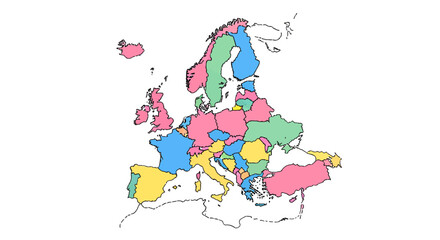 Vibrant European Continent Depiction, Geopolitical Divisions with Pastel Color Palette, Detailed