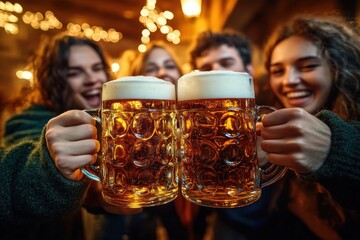 Group of young adults cheerfully toasting with large mugs of frothy beer in a warmly lit festive setting