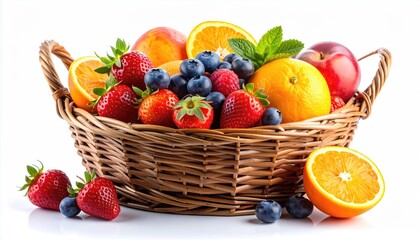 Assortment of Fresh Ripe Fruits Including Strawberries Blueberries Oranges and Apples Overflowing From a Woven Basket on a White Background
