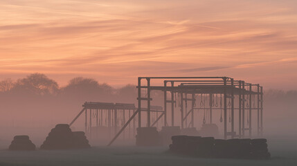 regimen. Training ground at dawn with obstacle courses visible through morning mist. event key visuals, club posters, designed for sports event promotions and stadium branding.