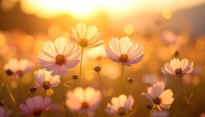 Close-up Macro View Of Delicate Pink Cosmos Flowers Bathed In Golden Sunset Light With Soft Bokeh Background Field Of Flowers
