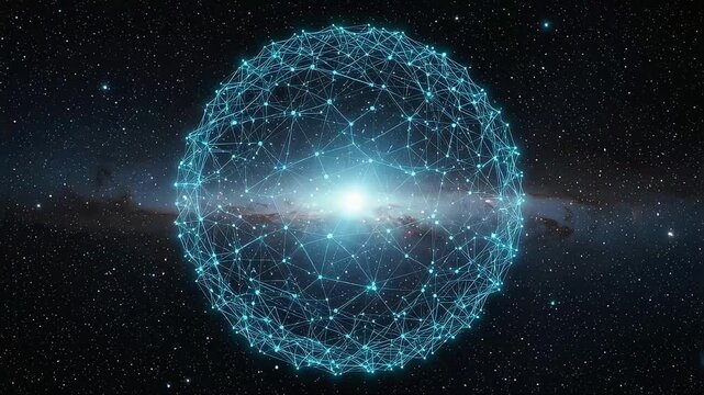 Digital Connection. A glowing blue polygonal network sphere floating in space.