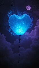 Ethereal Blue Heart Floating Under Purple Moonlight