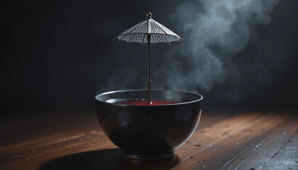 Gothic Deco Umbrella Over Steaming Red Elixir