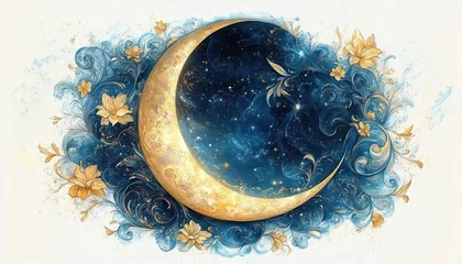 Papier peint photo Chambre de fille Golden crescent moon surrounded by swirling dark blue cosmic patterns and delicate yellow flowers evoking a dreamy and mystical atmosphere  © Aleksandra