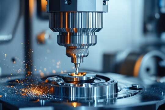 Close-up of a precision CNC milling machine cutting a metal component with sparks flying in an industrial setting
