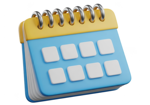 3D of blank isolated blue and yellow calendar on transparent background. 3D calendar illustration. 3D desk calendar icon with blank dates for scheduling and planning work. 3D blank calendar