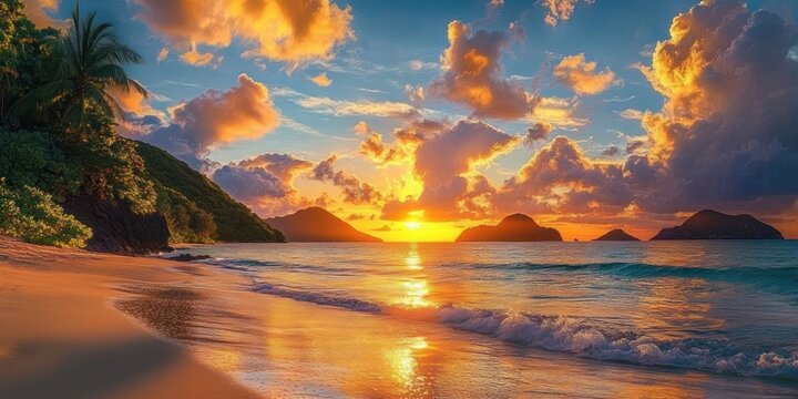 Golden sunset over tranquil ocean waves with silhouetted islands and lush tropical coastline under dramatic clouds