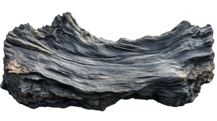 Weathered, dark gray, textured driftwood piece, isolated against a transparent backdrop