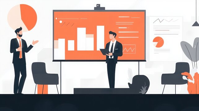Businessmen presenting data analysis and charts on a presentation screen