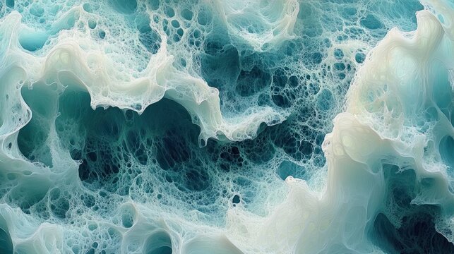 Intricate close-up of frothy ocean waves with swirling foam patterns and deep turquoise water creating a sense of dynamic movement and depth
