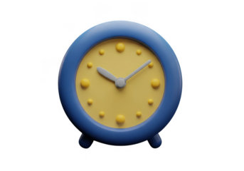 A simple 3D illustration of a blue alarm clock isolated on a transparent background. A close-up of a beautiful round blue and yellow analog alarm clock showing the time