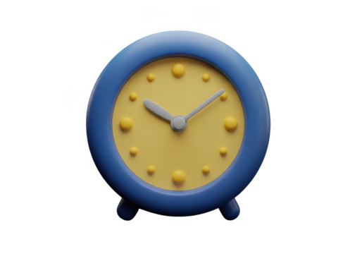 A simple 3D illustration of a blue alarm clock isolated on a transparent background. A close-up of a beautiful round blue and yellow analog alarm clock showing the time