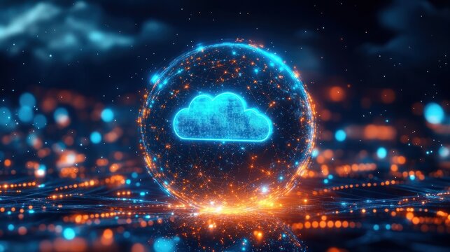 Glowing digital cloud icon enclosed in a spherical network of interconnected blue and orange lights against a dark futuristic background, symbolizing cloud computing and data connectivity