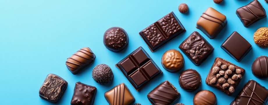 Variety of assorted chocolates and chocolate pieces arranged on a light blue background conveying indulgence and sweetness - Powered by Adobe
