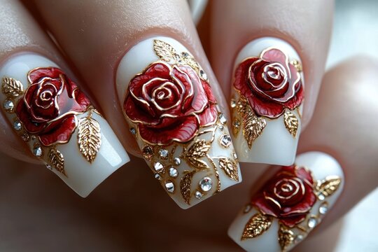 Elegant close-up of fingernails with detailed 3D red rose designs, gold leaves, and small rhinestone embellishments on a white base, showcasing intricate nail art