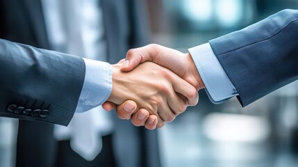 Close up of a business handshake between two people in formal suits