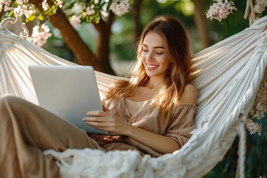 Young woman relaxing on a hammock outdoors under blooming trees using a laptop with a joyful smile on her face