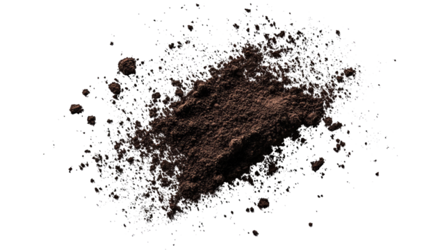 A dark brown powdery substance with a textured surface and scattering of sparkling elements