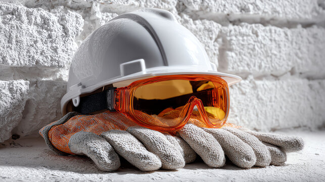 Safety First: The image shows essential protective equipment, a helmet, safety glasses, and work gloves, set against a backdrop of a brick wall, symbolizing the importance of safety. 