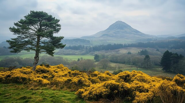 Lush green landscape with solitary pine tree, yellow flowering bushes in foreground, misty hills, and a distinct mountain peak under overcast sky