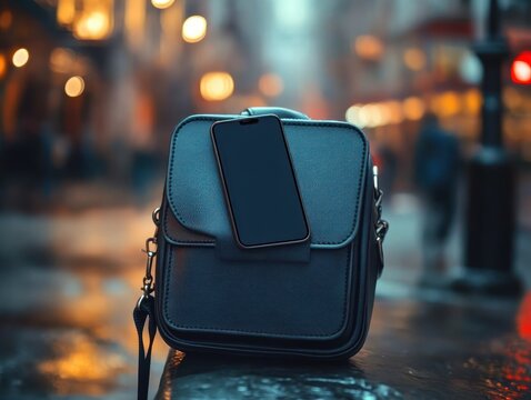 black leather bag with smartphone placed on top on blurred city street at dusk with warm bokeh lights and wet pavement
