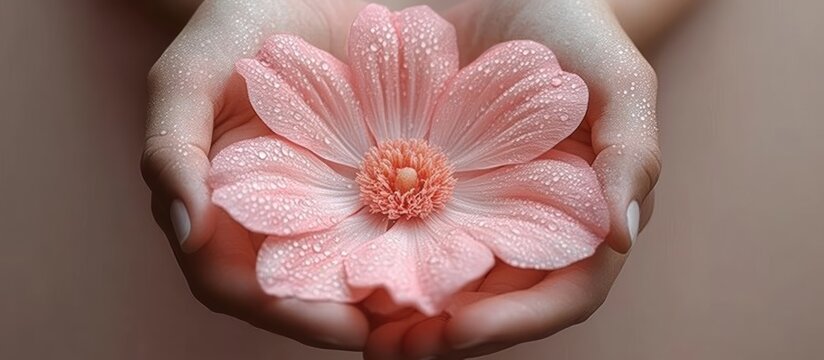 Close-up of human hands gently holding a delicate pink flower with water droplets on its petals symbolizing care and tenderness