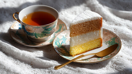 Afternoon Indulgence: A delicate slice of cake and a warm cup of tea come together in a moment of tranquil indulgence, capturing the simple pleasure of an afternoon treat.