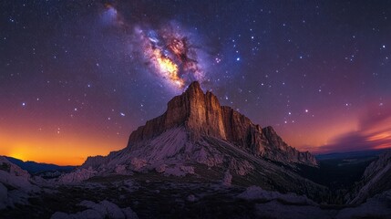 Majestic rocky mountain illuminated by warm sunset light under a vibrant starry night sky featuring the bright Milky Way galaxy